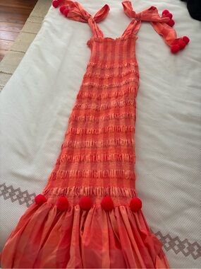 Coral Pom-Pom Ruffle Maxi Dress